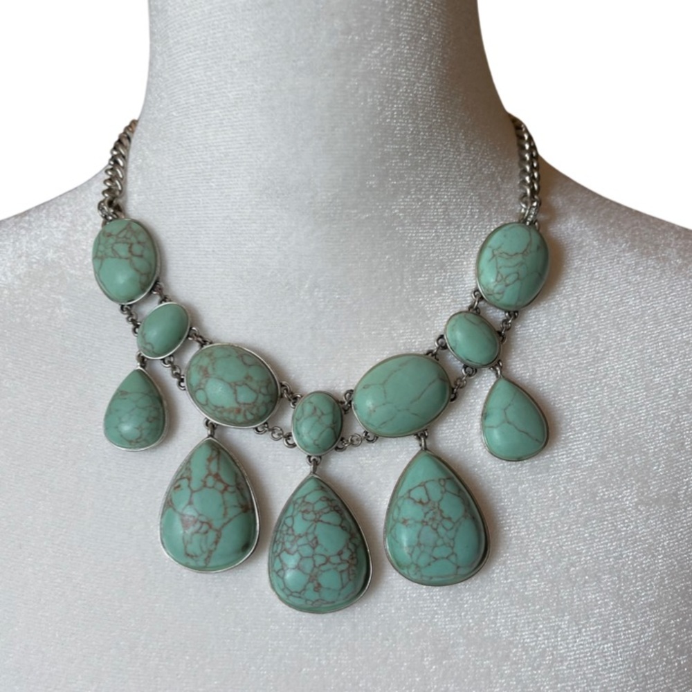 Fossil Faux Turquoise Teardrop Statement Chunky Necklace Western Southwestern